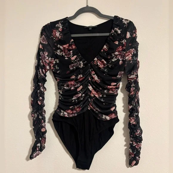Lulu's Black Floral Ruched Mesh Long-Sleeve Top - Picture 2 of 5